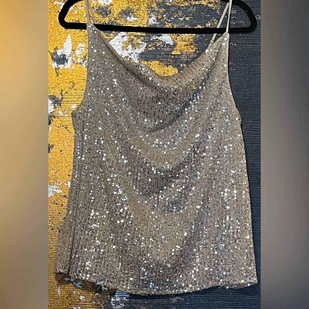NWT Main Strip Lg Sequin Cowl Neckline Adjustable Spaghetti Straps Cami Top